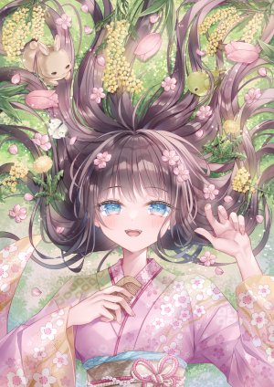 原创,小日向ほしみ,碧眼,脸红,茶发,发饰,和服,长发,长袖,视线正对,横臥,開口,笑顔,single