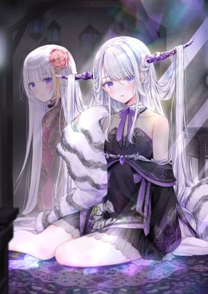 独立虚拟YouTuber,朱坂明紗,露肩,连衣裙,发饰,horns,长发,紫色眼,缎带,坐姿,Vtuber,白发