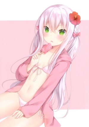 原创,甘城なつき,长发,single,長身像,脸红,视线正对,前发,開いた口,双马尾,坐姿,绿色眼,白发,长袖