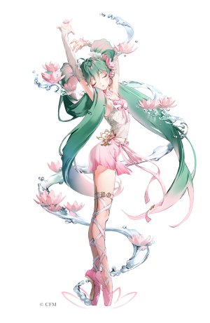 初音ミク,VOCALOID,Anmi,呆毛,露肩,脸红,项圈,全身,发饰,长发,视线正对,開口,缎带,短裙,single,双马尾,超长发