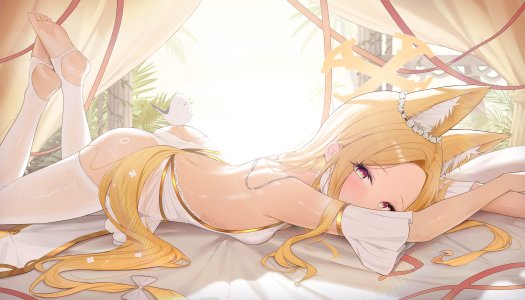 fangfangtu,百合园圣娅,蔚蓝档案,兽耳,光晕,妖狐,萝莉,No-Bra,看穿,丝袜