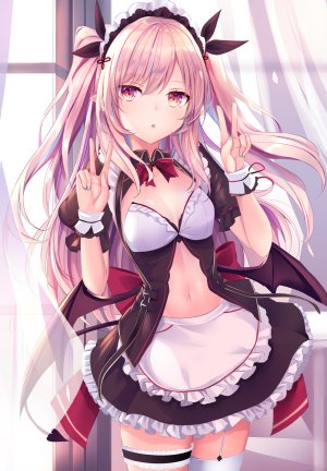 原创,haruka_natsuki,围裙,金发,胸部,长发,视线正对,女仆,迷你短裙,露脐,尖耳,缎带,衬衫,短裙,貧乳,single,黑丝,白丝,翅膀,黄色眼