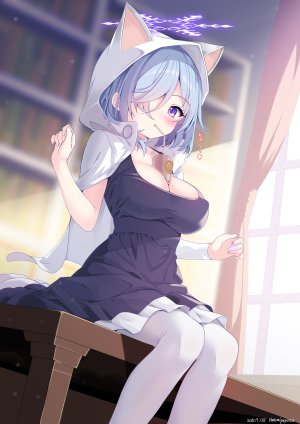 夏宮ゆず,兽耳,breasts,cleavage,连衣裙,裤袜,紫色眼,短发,坐姿,single