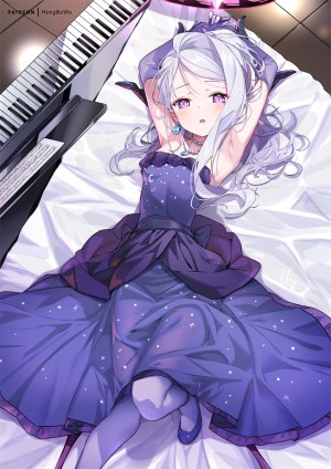 蔚蓝档案,空崎ヒナ,hina,白蛛,single,长发,長身像,视线正对,前发,脸红,開口,紫色眼,马尾辫,横臥,少女,连衣裙,手套,裤袜,長手袋,光晕,项链