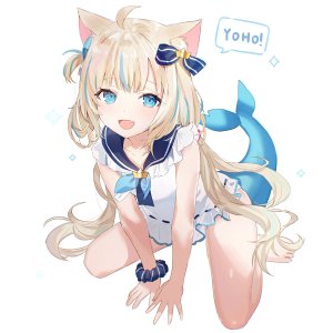 Vtuber,独立虚拟YouTuber,sameko_saba,dedeko,single,长发,视线正对,開口,碧眼,笑顔,金发,白背景,坐姿,双马尾,兽耳,全身,呆毛,猫耳,少女,连衣裙