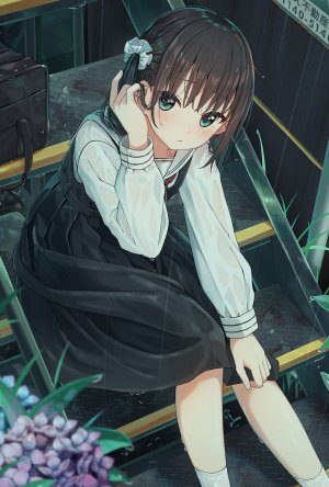 原创,enuni,黑发,脸红,连衣裙,绿色眼,长袖,视线正对,rain,学校制服,衬衫,坐姿,single,双马尾,湿身