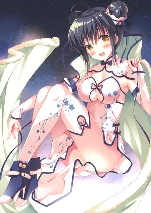 原创,Sousouman,呆毛,前发,铃,黑发,脸红,胸部,棕色眼,汉服,cleavage,双团子头,连衣裙,全身,发饰,巨乳,视线正对,開いた口,缎带,坐姿,天空,笑顔,single,黑丝,白丝