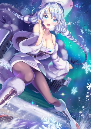 avrora,碧蓝航线,framo,露肩,碧眼,脸红,三股辫,胸部,cleavage,连衣裙,巨乳,长发,长袖,视线正对,開いた口,胖次,黑丝,天空,雪花,single,下着