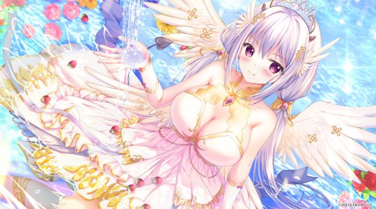 Sousouman,angelic_link,breasts,cleavage,连衣裙,视线正对,紫色眼,紫发,rose,坐姿,single,草莓,头饰,翅膀