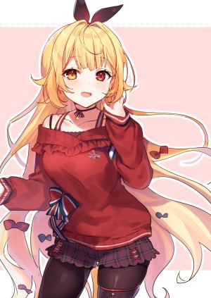 星川サラ,Nijisanji,露肩,黑丝,金发,脸红,棕色眼,项圈,长发,长袖,视线正对,開いた口,红色眼,笑顔,single,Vtuber