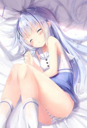 香風智乃,请问您今天要来点兔子吗?,夏奈なつ,前发,露肩,青发,脸红,发饰,长发,横臥,胖次,缎带,衬衫,sleeping,single,下着,白丝