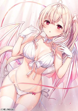 原创,米白粕,呆毛,露肩,水着,金发,胸部,项圈,cleavage,手套,长发,视线正对,横乳,露脐,尖耳,红色眼,single,泳装,黑丝,白丝,翅膀