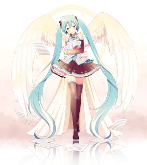 初音ミク,VOCALOID,nokuhashi,碧眼,青发,脸红,全身,holding,长发,衬衫,短裙,笑顔,single,黑丝,双马尾,白背景,翅膀