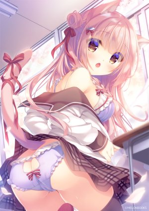 原创,ゆき恵,兽耳,前发,露肩,黑丝,脸红,bra,胸部,棕色眼,茶发,猫耳,猫娘,猫尾,包子头,发饰,长发,视线正对,回头看,横乳,開いた口,胖次,花瓣,缎带,学校制服,水手服,衬衫,短裙,single,下着