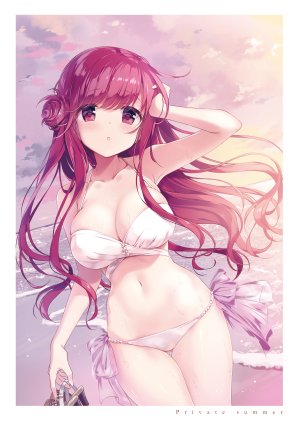 原创,きみしま青,海滩,水着,脸红,胸部,cleavage,包子头,holding,巨乳,长发,视线正对,露脐,粉发,天空,single,泳装