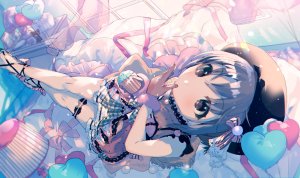 乙倉悠貴,偶像大师,前发,连衣裙,holding,偶像大师：灰姑娘女孩,视线正对,横臥,缎带,短发,single,泰迪熊