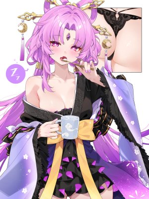 符玄,崩坏：星穹铁道,WaterRing,breasts,holding,和服,长发,视线正对,開口,胖次,粉发,single,下着,白背景