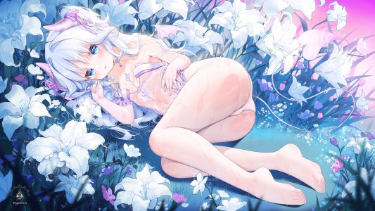 原创,露肩,碧眼,脸红,breasts,cameltoe,项圈,恶魔娘,長手袋,手套,长发,横臥,露脐,胖次,缎带,single,下着,湿身,白发,翅膀