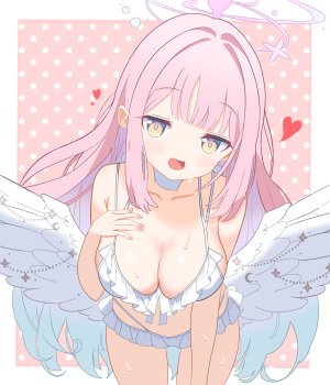 聖園ミカ,蔚蓝档案,Masushi_Masashi,水着,直刘海,breasts,cleavage,光晕,视线正对,開口,粉发,笑顔,single,泳装,翅膀,黄色眼