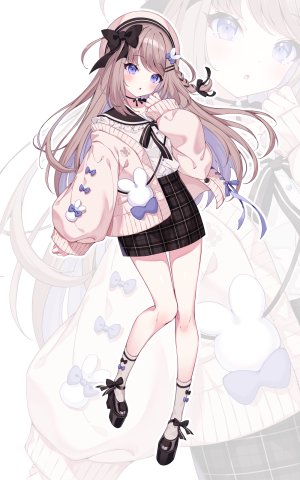 たてじまうり,独立虚拟YouTuber,脸红,领结,茶发,开衫,项圈,全身,发饰,长发,长袖,视线正对,開口,紫色眼,学校制服,水手服,衬衫,短裙,single,Vtuber,白背景