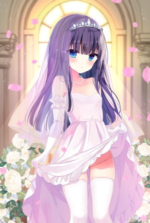 原创,師走ほりお,露肩,碧眼,脸红,breasts,连衣裙,長手袋,手套,项链,nopan,花瓣,紫发,笑顔,single,丝袜,头饰,婚纱,白丝