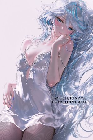 フォカロルス,原神,nixeu,露肩,碧眼,青发,脸红,breasts,连衣裙,长发,视线正对,横臥,裤袜,single,超长发,白发