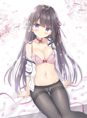 原创,佐伯ソラ,前发,露肩,黑发,黑丝,脸红,bra,胸部,cleavage,发饰,长发,视线正对,横乳,露脐,胖次,紫色眼,缎带,衬衫,坐姿,single,下着