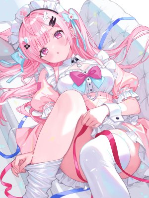Vtuber,独立虚拟YouTuber,结城昨奈,yuuki_sakuna,yuzuriha,single,长发,長身像,视线正对,脸红,兽耳,粉发,横臥,猫耳,猫娘,少女,丝袜,发饰,白丝
