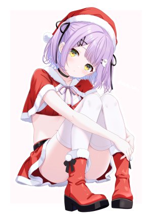 Vtuber,vspo!,紫宮るな,とけたせかい,single,長身像,视线正对,短发,坐姿,黄色眼,紫发,圣诞节,少女,丝袜,发饰,白丝,项圈