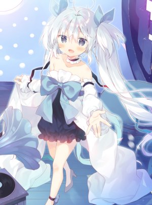 原创,呆毛,前发,露肩,脸红,项圈,连衣裙,长发,长袖,视线正对,開いた口,缎带,银发,笑顔,single,双马尾,ユイザキカズヤ