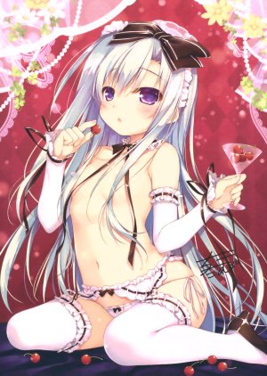 chikotam,脸红,胸部,チェリー,holding,长发,视线正对,露脐,開いた口,胖次,紫色眼,缎带,银发,坐姿,貧乳,single,黑丝,topless,下着,白丝