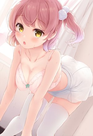 原创,相音うしお,露肩,bra,胸部,cleavage,发饰,长发,视线正对,横乳,迷你短裙,開いた口,粉发,短裙,single,黑丝,下着,白丝,黄色眼,絶対領域