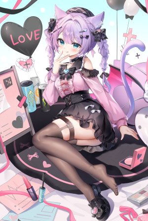 原创,guzangnanfeng,兽耳,黑丝,三股辫,猫耳,猫尾,全身,长发,长袖,视线正对,紫发,衬衫,短裙,笑顔,丝袜