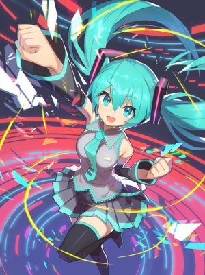 初音ミク,VOCALOID,齋藤直葵,黑丝,长发,长袖,视线正对,迷你短裙,開いた口,衬衫,短裙,笑顔,single,双马尾