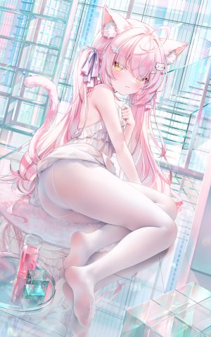 原创,鬼針草,呆毛,兽耳,脸红,猫耳,猫娘,猫尾,连衣裙,全身,发饰,长发,视线正对,横臥,胖次,裤袜,粉发,single,下着,黄色眼