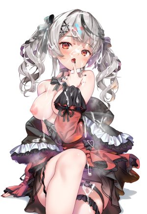 白蛛,沙花叉クロヱ,Hololive,创可贴,breasts,garter,nipples,No-Bra,掀裙