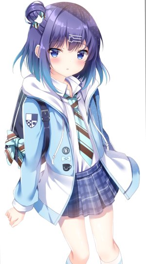 風衣葉冬優,请问您今天要来点兔子吗?,pizzzica,碧眼,青发,脸红,包子頭,发饰,长袖,视线正对,開口,褶皱裙,紫发,衬衫,短裙,single,白背景