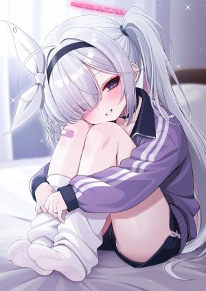 普拉娜,蔚蓝档案,fukemachi,呆毛,创可贴,脸红,三股辫,项圈,光晕,长发,视线正对,開口,粉发,笑顔,single,白发