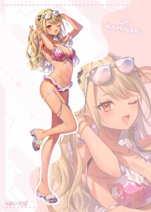 Riichu,神成きゅぴ,vspo!,水着,金发,三股辫,breasts,cleavage,全身,长发,视线正对,露脐,挤眼,開口,红色眼,笑顔,single,泳装,褐色,Vtuber