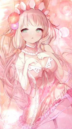 超異域公主連結,公主连结！,maho,ramunezake,长发,single,長身像,脸红,视线正对,前发,開いた口,胸部,露肩,绿色眼,粉发,兽耳,cleavage,横臥