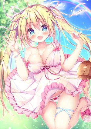 原创,涼川ゆい,前发,露肩,金发,脸红,胸部,cleavage,连衣裙,发饰,视线正对,横乳,開いた口,胖次,缎带,天空,single,闪亮,双马尾,下着