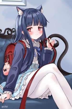 佐城雪美,偶像大师,偶像大师：灰姑娘女孩,eluthel,兽耳,青发,直刘海,脸红,领结,猫耳,猫娘,连衣裙,holding,长发,长袖,视线正对,迷你短裙,裤袜,POV,红色眼,衬衫,坐姿,短裙,笑顔,single,针织衫