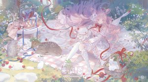 原创,梅原せい,露肩,breasts,cleavage,ディア,连衣裙,全身,发饰,kneehighs,长发,长袖,粉发,缎带,坐姿,single,丝袜,超长发,白丝