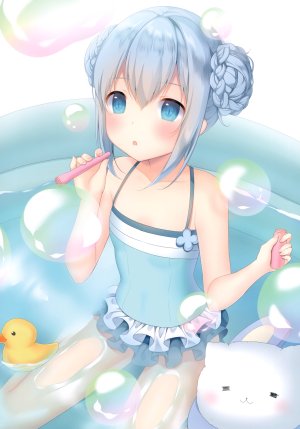 请问您今天要来点兔子吗?,香風智乃,tippy,甘城なつき,single,長身像,脸红,短发,前发,開いた口,碧眼,holding,青发