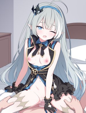 stella_sora,jyt,呆毛,碧眼,脸红,breasts,censored,骑乘位,连衣裙,上位,手套,灰发,钥匙,长发,视线正对,露脐,项链,nipples,nude,挤眼,開口,尖耳,POV,猫咪,张腿,骑乘