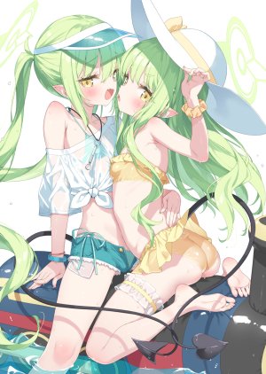 蔚蓝档案,peko,露肩,水着,脸红,breasts,绿发,光晕,长发,视线正对,回头看,開口,尖耳,缎带,衬衫,坐姿,笑顔,泳装,双马尾,超长发,黄色眼