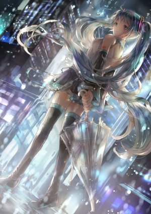 VOCALOID,初音ミク,御崎悠,长发,single,長身像,前发,双马尾,露肩,holding,全身,絶対領域