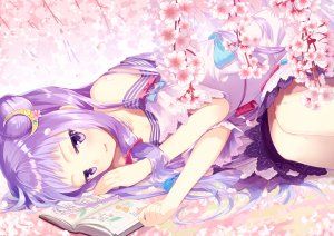 帕秋莉·诺蕾姬,东方Project,mito_tsubaki,露肩,脸红,樱花,双团子头,连衣裙,包子头,发饰,长发,视线正对,横臥,花瓣,紫色眼,紫发,single