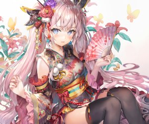 momoko,原创,碧眼,脸红,三股辫,吊带袜,和服,萝裙,粉发,Stockings,双马尾,絶対領域,cropped