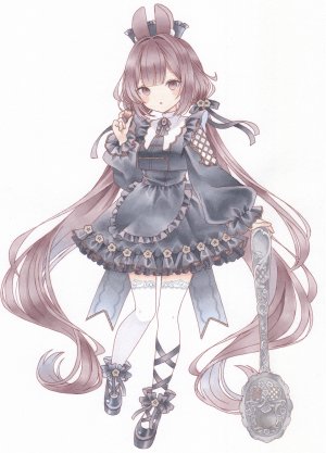 原创,paruno,兽耳,直刘海,领结,棕色眼,茶发,项圈,连衣裙,全身,哥特式洛丽塔,holding,萝裙,长发,长袖,缎带,single,草莓,丝袜,双马尾,超长发,白背景,白丝